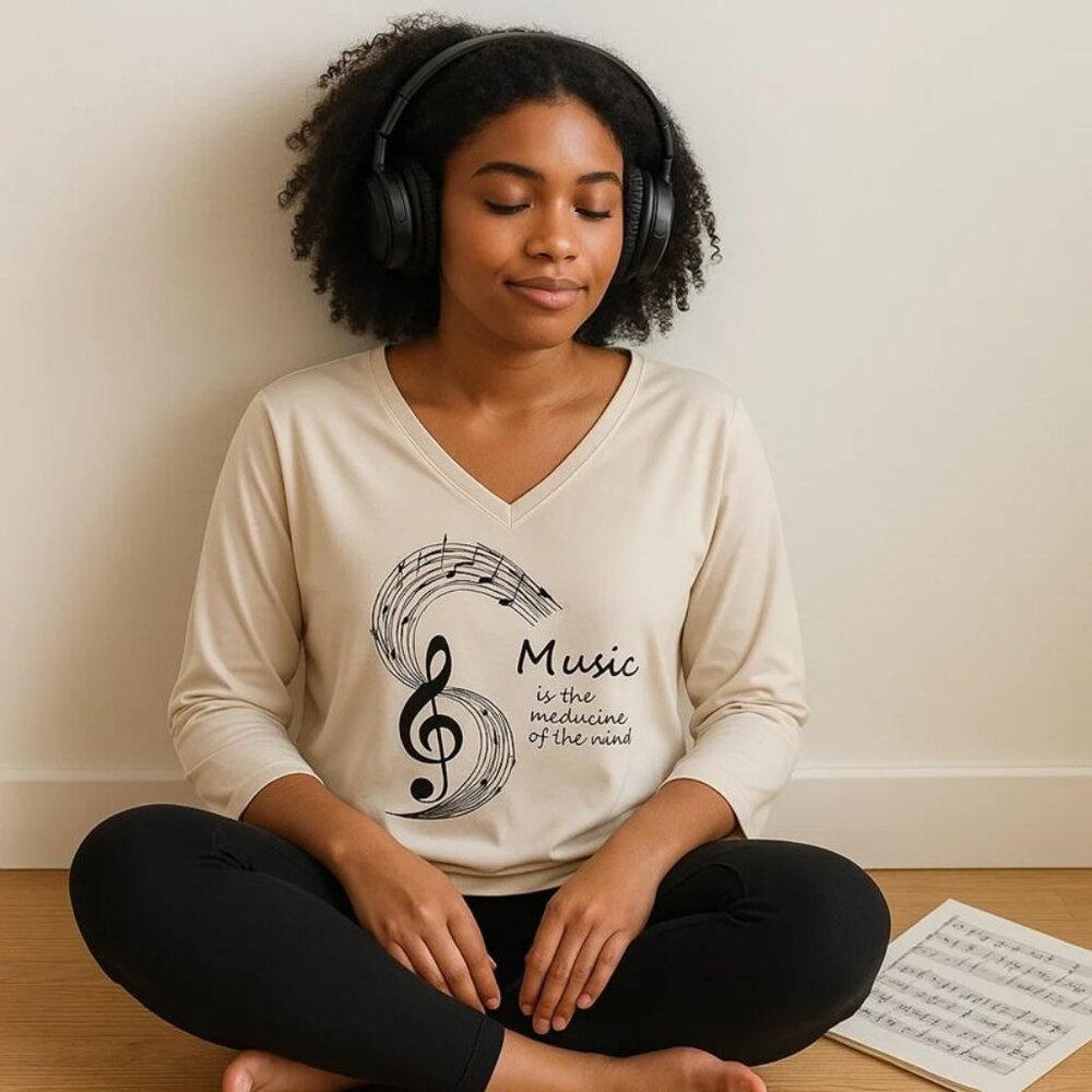 Music Graphic V Neck Tee Apricot Beige Size XL Music is the Medicine of the Mind
